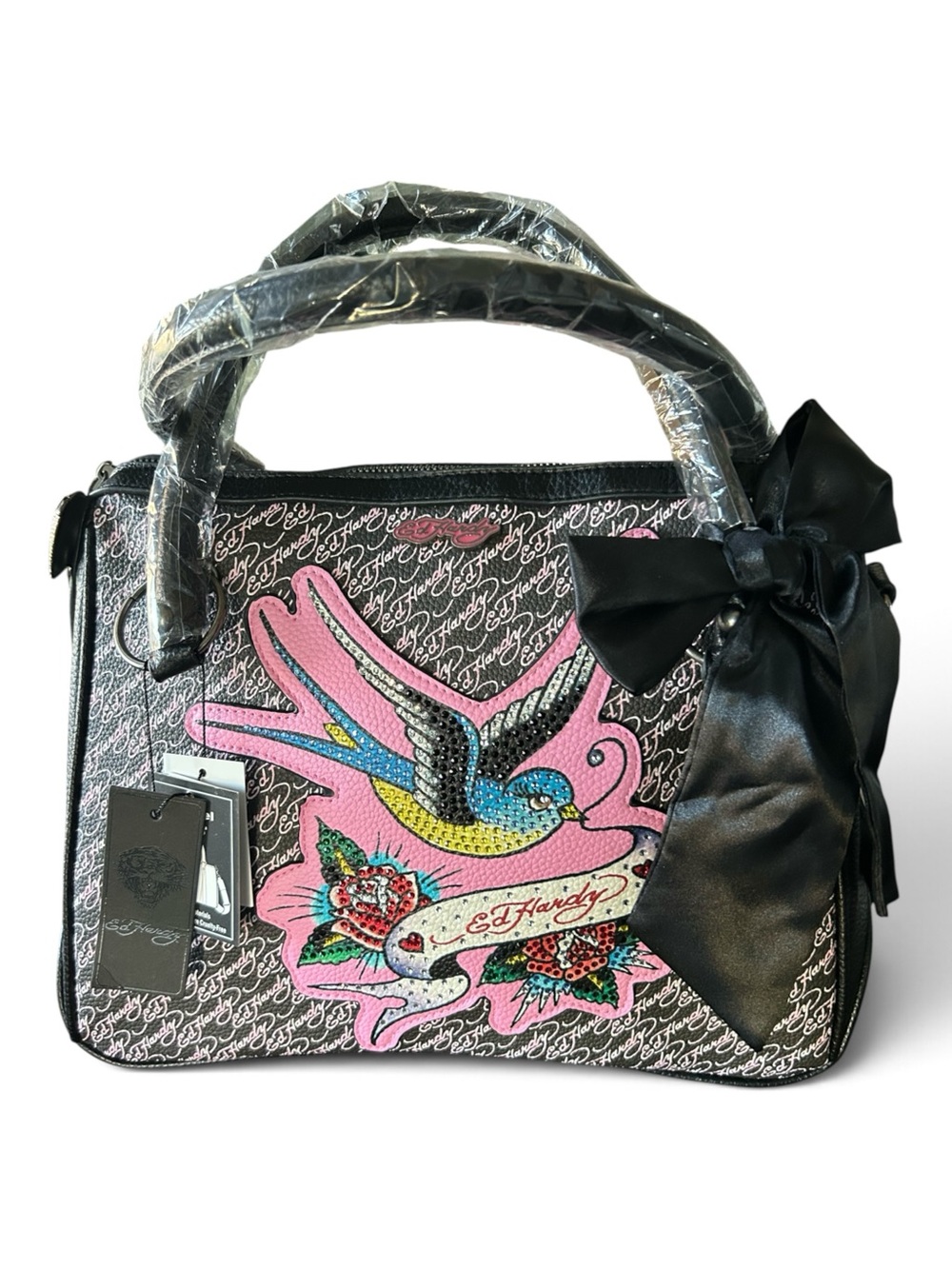 Ed Hardy Pink Rhinestone Embellished Swallow Bow Satchel Bag